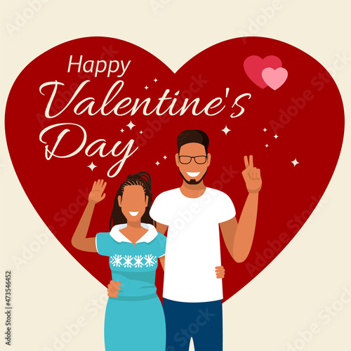 Dark-skinned man and woman hugging on the background of a large heart. Happy Valentine's Day. Vector illustration.