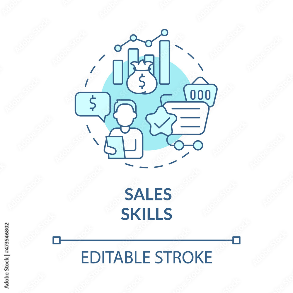 Sales skills turquoise blue concept icon. Distribution business. Sales management strategy achievement abstract idea thin line illustration. Vector isolated outline color drawing. Editable stroke Sales skills turquoise blue concept icon. Distribution business. Sales management strategy achievement abstract idea thin line illustration. Vector isolated outline color drawing. Editable stroke