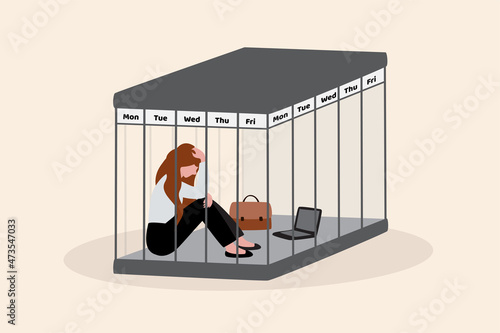 Routine job or five-day working make employee overworked repetitive tasks everyday, no motivation, difficulty to change or find opportunity. Hopeless woman lock in cage or prison of five day working.