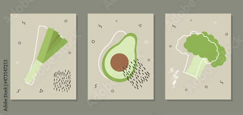 Abstract posters with green vegetables. Collection of contemporary art. Abstract elements, vegetables for social networks, cards, prints. Memphis style leek, avocado and broccoli. Vector illustration