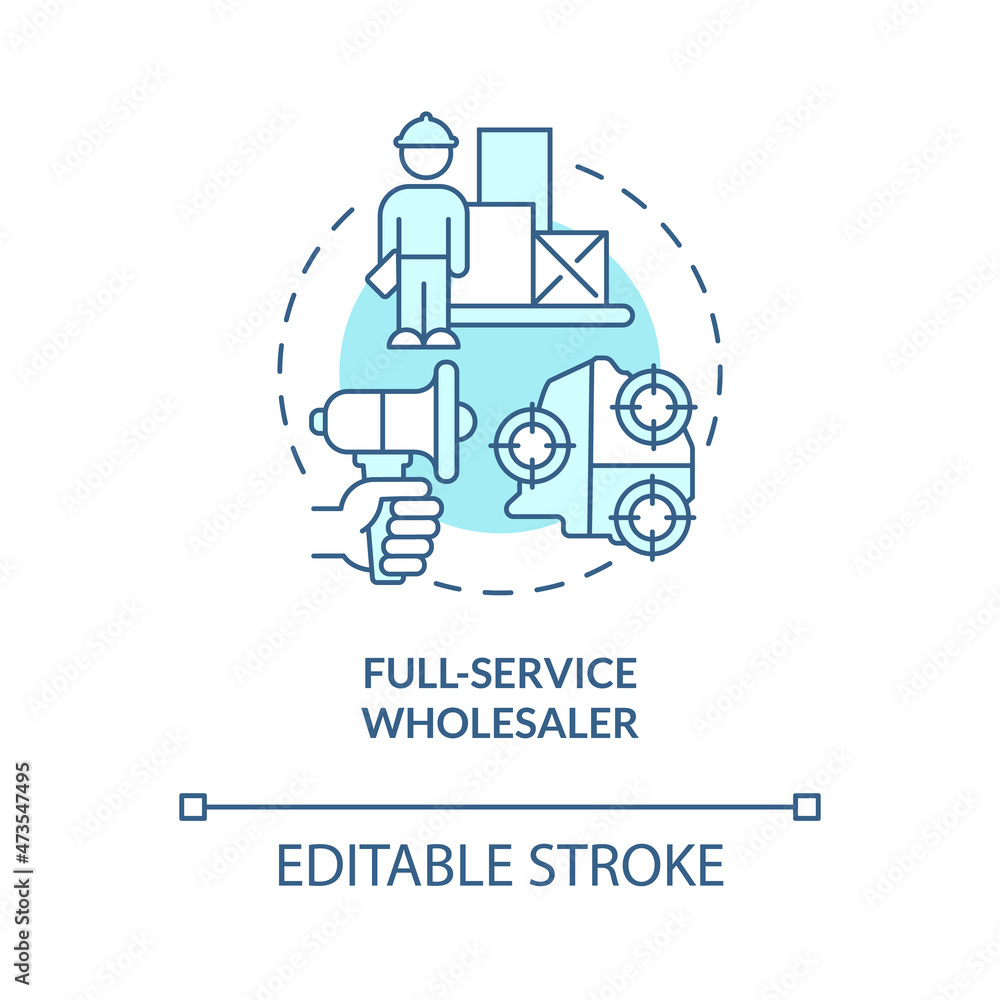 Full-service wholesaler turquoise blue concept icon. Customer service. Distribution and logistics company abstract idea thin line illustration. Vector isolated outline color drawing. Editable stroke
