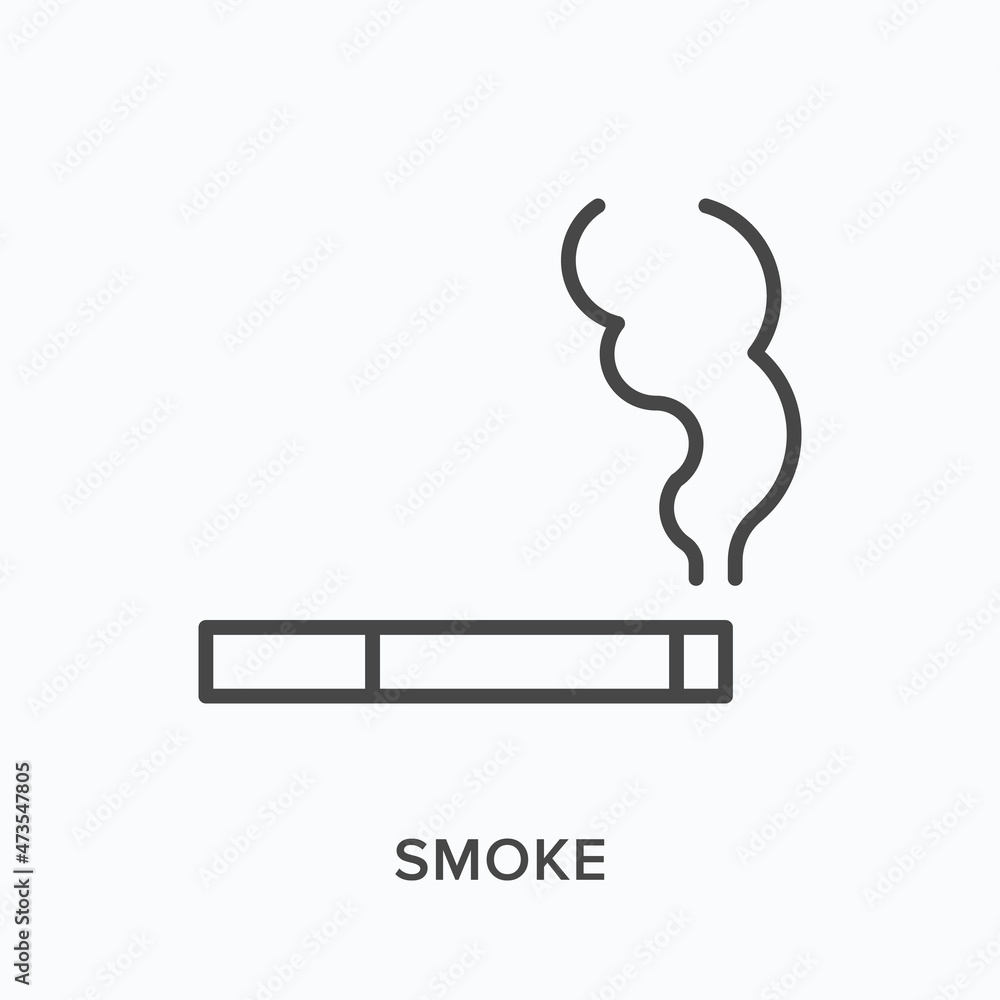 Smoke flat line icon. Vector outline illustration of cigarette. Black thin linear pictogram for bad habit Smoke flat line icon. Vector outline illustration of cigarette. Black thin linear pictogram for bad habit