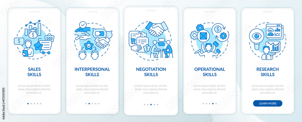 Distributor success skill onboarding mobile app page screen. Start business walkthrough 5 steps graphic instructions with concepts. UI, UX, GUI vector template with linear color illustrations