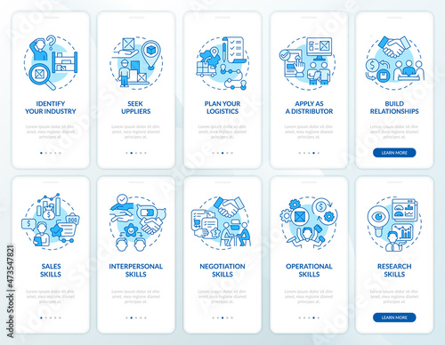 Distribution business startup tips onboarding mobile app page screen set. Strategy walkthrough 5 steps graphic instructions with concepts. UI, UX, GUI vector template with linear color illustrations