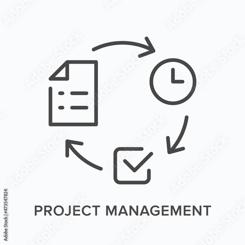 Project management flat line icon. Vector outline illustration of document, clock and sign. Black thin linear pictogram for working process