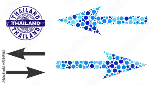 Round dot mosaic horizontal exchange arrows icon and THAILAND round scratched stamp print. Blue stamp includes THAILAND title inside circle and guilloche decoration.