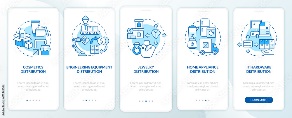 Distribution goods choose tips onboarding mobile app page screen. Wholesale walkthrough 5 steps graphic instructions with concepts. UI, UX, GUI vector template with linear color illustrations