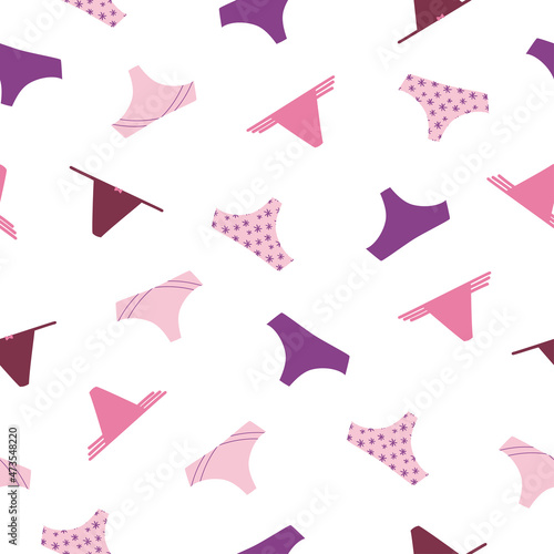Seamless pattern of panties and bikinis in pink colors on white background. Female underwear, lingerie background.