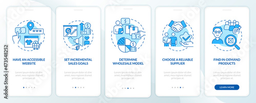 Distribution company tips onboarding mobile app page screen. Wholesale trade walkthrough 5 steps graphic instructions with concepts. UI, UX, GUI vector template with linear color illustrations