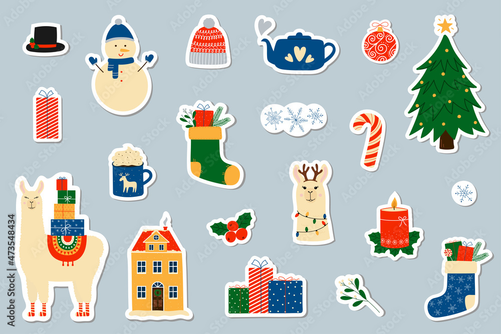 Christmas stickers, pins, patches collection. Cute winter elements.