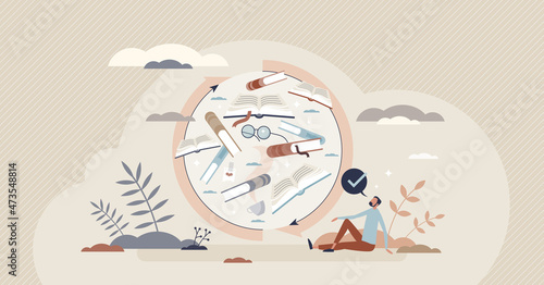 Book swap, literature change or textbook exchange process tiny person concept. Learning and study using library collection and reuse again vector illustration. Share, trade and replace read books.