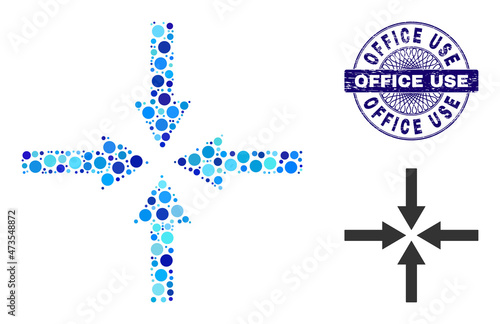 Round dot composition impact arrows icon and OFFICE USE round dirty stamp imitation. Blue stamp seal includes OFFICE USE title inside circle and guilloche pattern.