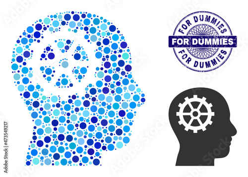 Round dot composition intellect icon and FOR DUMMIES round unclean stamp print. Blue stamp seal includes FOR DUMMIES title inside circle and guilloche pattern.