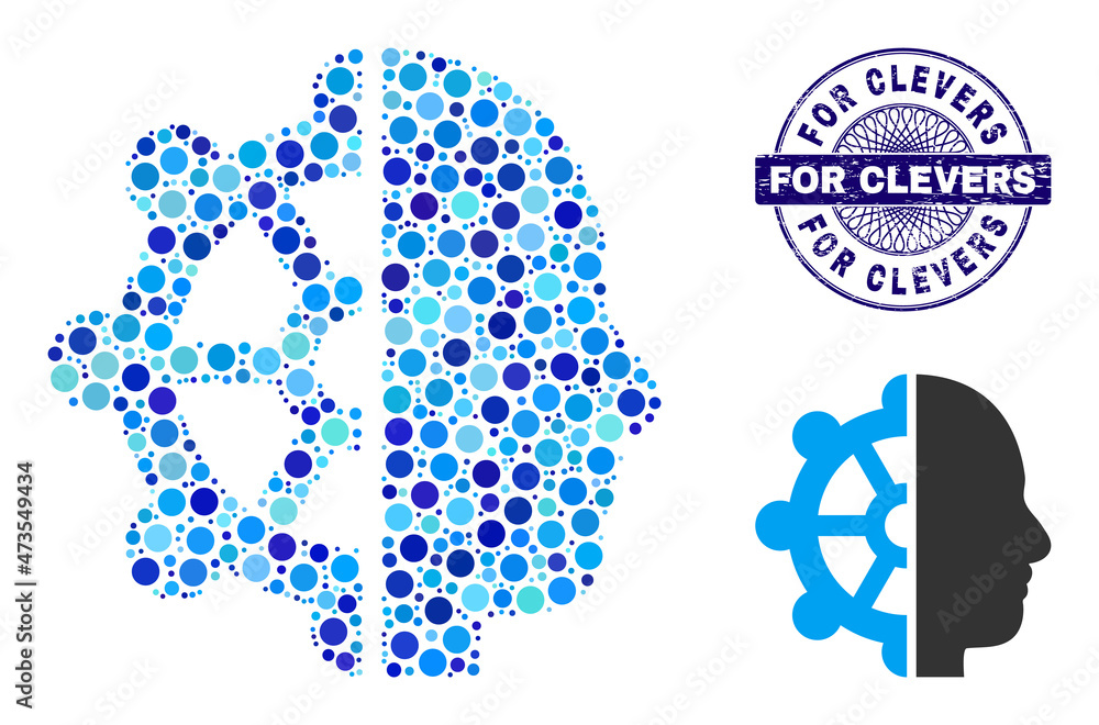 Circle mosaic intellect icon and FOR CLEVERS round scratched stamp print. Blue stamp seal includes FOR CLEVERS text inside circle and guilloche structure. Vector mosaic is based on intellect icon, Circle mosaic intellect icon and FOR CLEVERS round scratched stamp print. Blue stamp seal includes FOR CLEVERS text inside circle and guilloche structure. Vector mosaic is based on intellect icon,