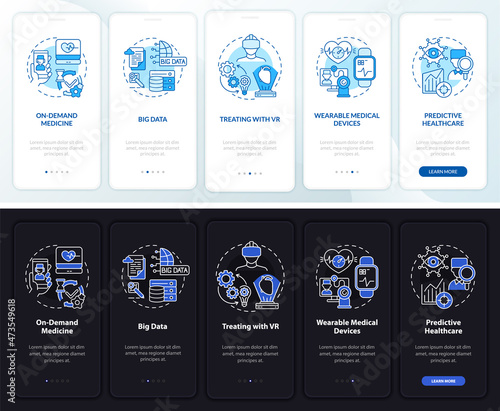 Healthcare digital service onboarding mobile app page screen. Med walkthrough 5 steps graphic instructions with concepts. UI, UX, GUI vector template with linear night and day mode illustrations
