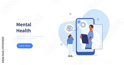 
Character having online consultation and therapy against mental diseases with doctors psychologist. Mental disorder and health concept. Vector illustration.