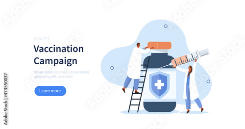 Doctor and nurse holding syringe and preparing vaccine for vaccination campaign. Fight against virus concept. Vector illustration.
