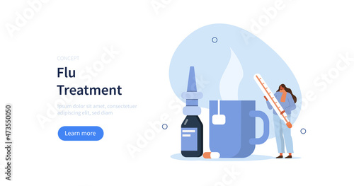 Influenza treatment. Character with fever holding thermometer and standing near hot tea cup. Fight against cold and flu concept. Vector illustration.