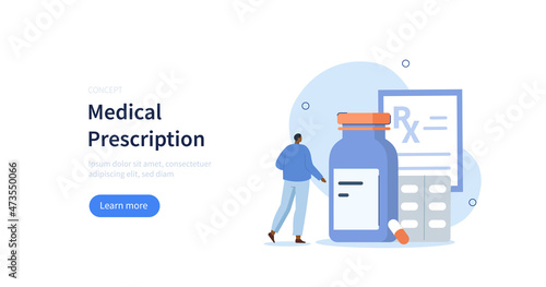 Medical prescription. Character standing near medicine pills, bottle and looking at rx prescription. Pharmacy store concept. Vector illustration. photo