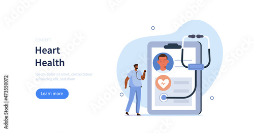 Heart disease screening and diagnostic concept. Doctor checks patient heart health to prevent cardiological illness. Vector illustration.
 photo
