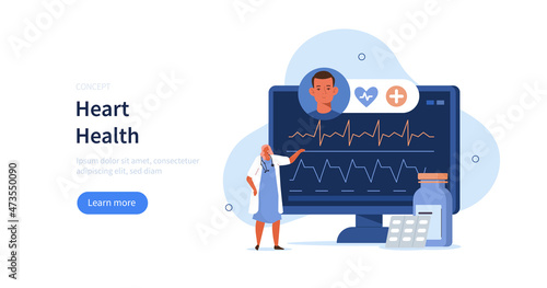 Heart disease screening and diagnostic concept. Doctor examine cardiogram and pulse on EKG monitor to prevent cardiological illness. Vector illustration.
