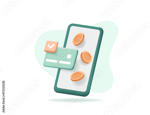 Smartphone with credit card and gold coins on it. Successful payment on mobile phone screen. Online shopping, finance and cashback concept. 3d realistic vector illustration.