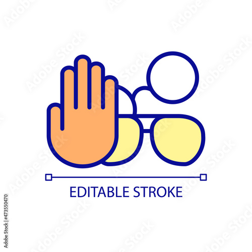 Glasses and sunglasses not allowed RGB color icon. Important restriction regarding wearing any type of glasses. Isolated vector illustration. Simple filled line drawing. Editable stroke