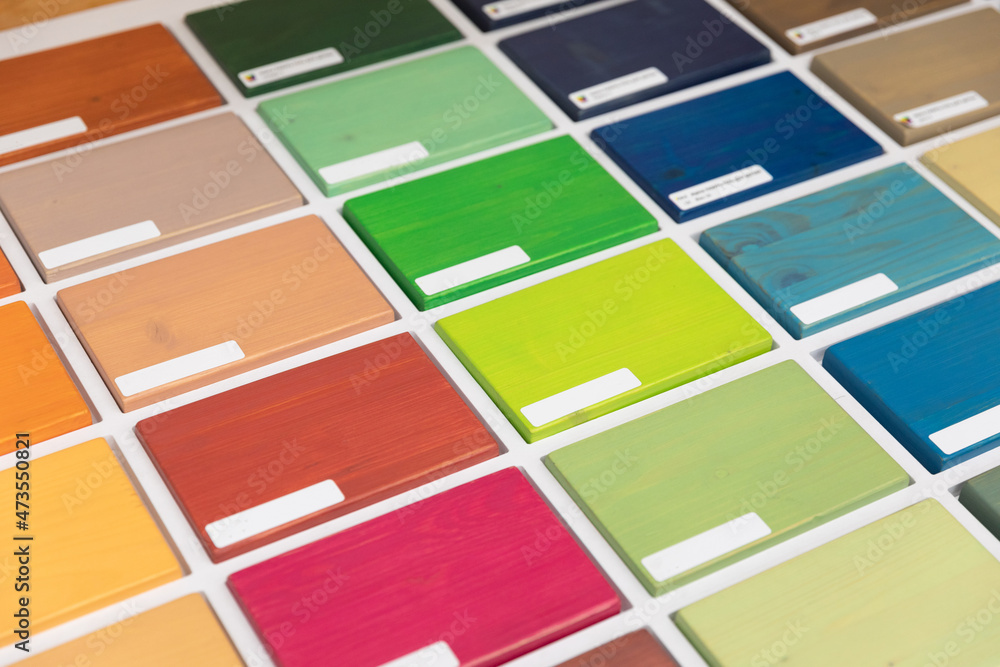 samples of paints for the care of wooden structures, a palette of materials for the protection of wood outdoors