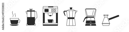 Coffee brewing devices. Set of outline icons.
