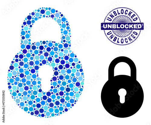 Round dot mosaic locker icon and UNBLOCKED round textured stamp. Blue stamp seal includes UNBLOCKED caption inside circle and guilloche ornament. Vector mosaic is based on locker symbol,