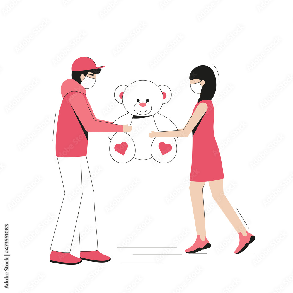 Gifts delivery service. Courier giving teddy bear to a girl. Holiday delivery. Flat cartoon style. Gifts delivery service. Courier giving teddy bear to a girl. Holiday delivery. Flat cartoon style.