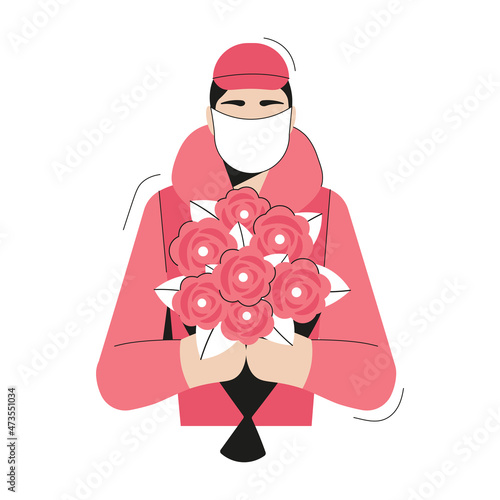 Flower delivery service. Flower bouquet delivery. Courier holding roses. Flat cartoon style.