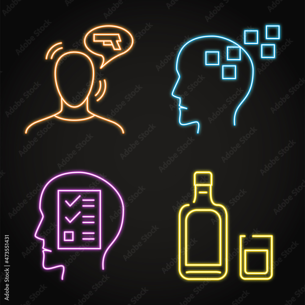 Fototapeta premium Neon mental disorders icon set in line style