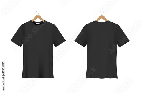 T-shirt Mockup hanging on a wooden hanger. Black color. Vector realistic template. Front and back view. Unisex collection. Blank fashion design. EPS10.