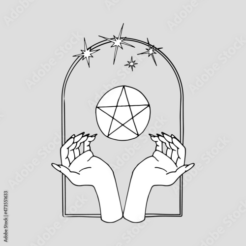 Vintage Mystic hands and 5 rays star inside arch Illustration