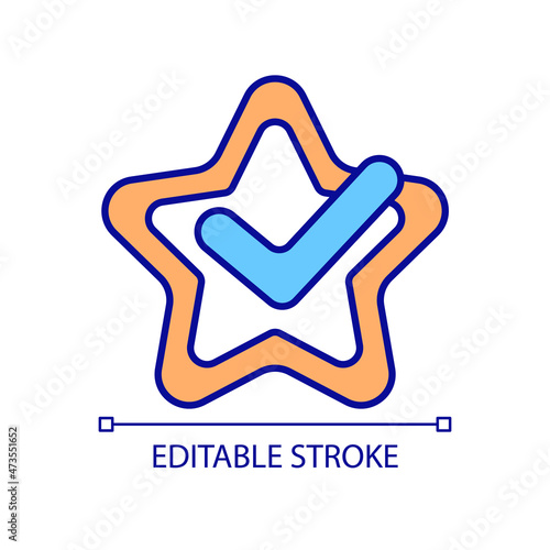 Check mark with star RGB color icon. Star with check mark in middle. Add to favorite. Good and best valuation. Isolated vector illustration. Simple filled line drawing. Editable stroke