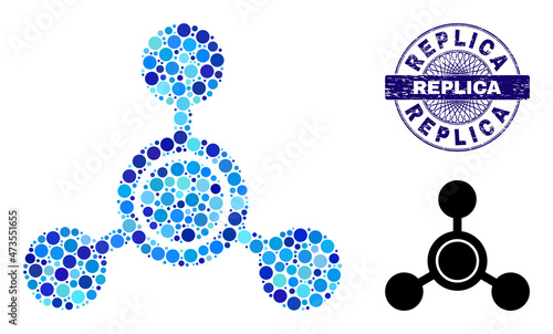 Circle mosaic methane molecule icon and REPLICA round corroded stamp seal. Violet stamp seal includes REPLICA tag inside circle and guilloche style. Vector collage is based on methane molecule icon,