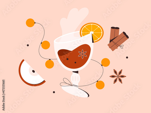 Glass of hot mulled wine, glogg, grog or punch with ingredients. Traditional festive drink recipe - orange, cinnamon, apple. Warm beverage for winter, autumn, Christmas. Isolated vector illustration