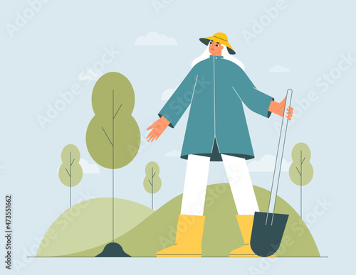 Woman planting a new young tree in spring. Ecology protection, forest conservation, reforestation concept. Volunteer with a shovel. Environmental friendly activity. Isolated flat vector illustration