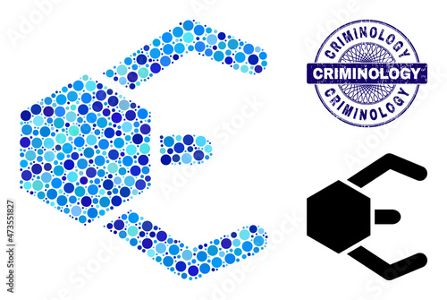 Round dot composition microrobot icon and CRIMINOLOGY round dirty stamp. Blue seal includes CRIMINOLOGY tag inside circle and guilloche ornament. Vector collage is based on microrobot icon,