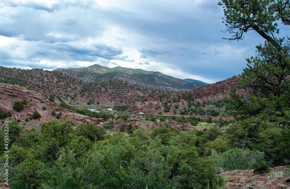 Pretty scene of a Colorado mountain range with a green tree overhanging the side and guiding the eye to the distant hills.