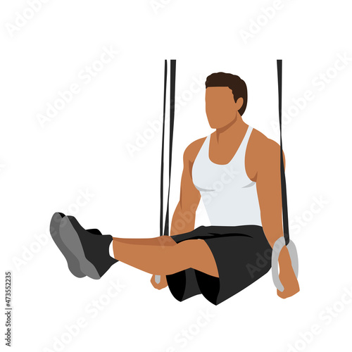 Man doing gymnastic Ring L-Holds. Abdominals exercise. Flat vector illustration isolated on white background. Editable file with layers
