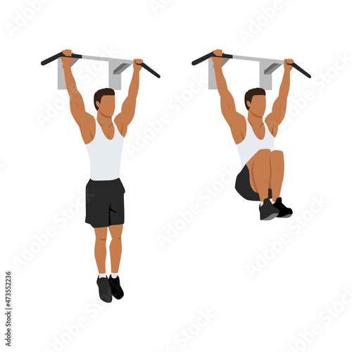 Man doing hanging knee leg raises. Abdominals exercise. Flat vector illustration isolated on white background. Editable file with layers