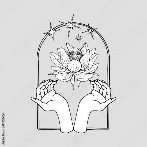 Vintage Mystic hands and lotus flower bloom inside arch with stars Illustration