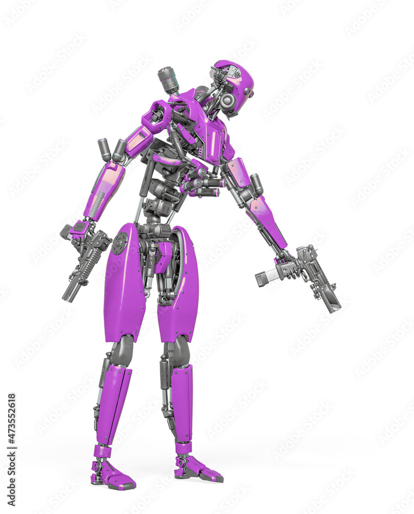 droid soldier is shooting down in action and holding a pistol