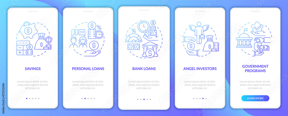 Launching startup financial tips onboarding mobile app page screen. Business walkthrough 5 steps graphic instructions with concepts. UI, UX, GUI vector template with linear color illustrations