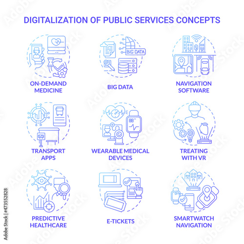 Digitalization of public services blue gradient concept icons set. Digital modernization providing for different life spheres idea thin line color illustrations. Vector isolated outline drawings