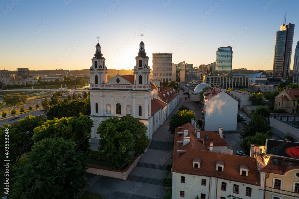 Aerial summer evening sunset view in sunny Vilnius