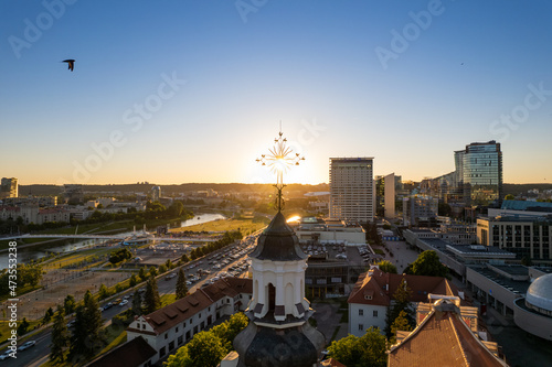 Aerial summer evening sunset view in sunny Vilnius