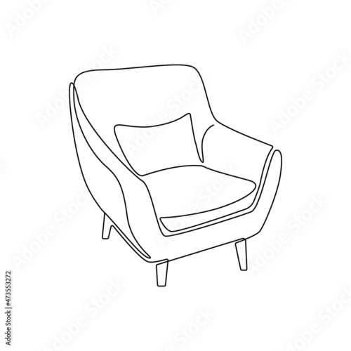 Modern furniture armchair with pillow for home interior in loft style outline contour lines. Simple linear silhouette of comfy chair. Doodle vector illustration